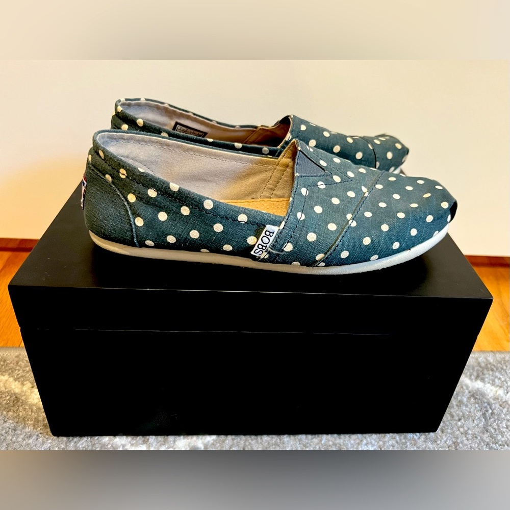 Women’s Skechers Bobs Blue Denim with White Polka Dot Design